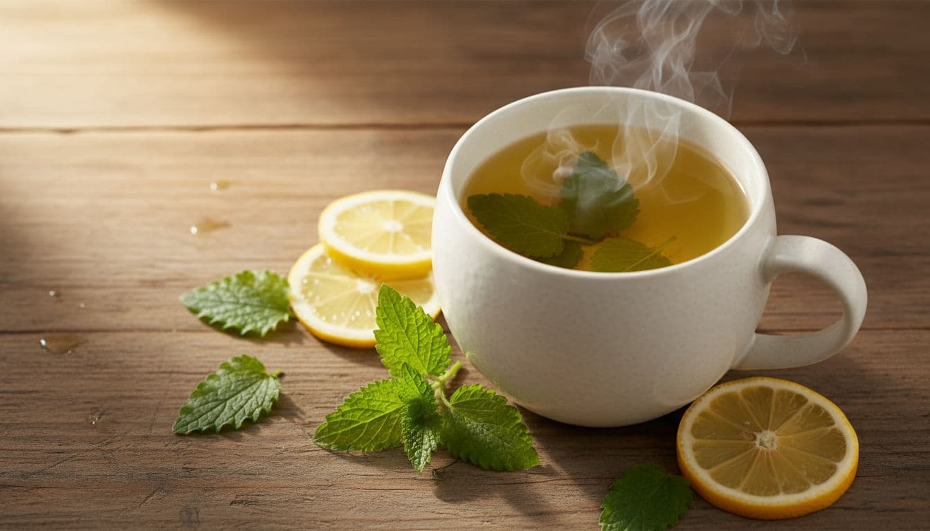 Overhead view of a white ceramic mug steaming with fresh lemon balm tea, surrounded by scattered green leaves and lemon slices on a rustic wooden table under soft natural light.