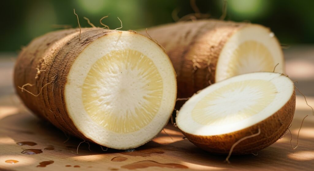 whole and sliced burdock root on a wooden surface, showcasing its fibrous texture and earthy appearance