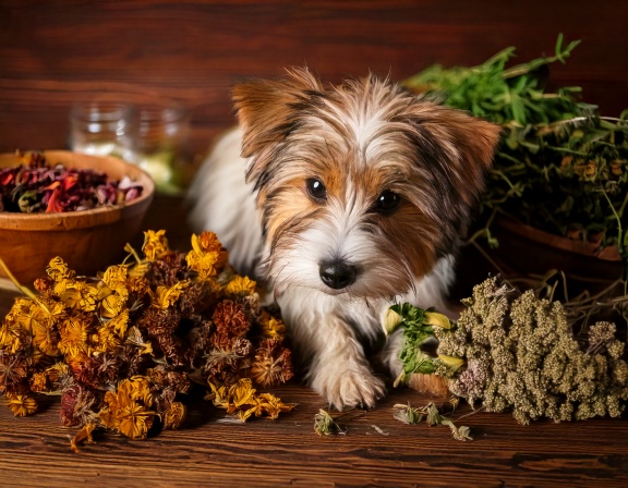 What Herbs Are Good for Dogs? Safe Picks and Simple Uses firefly generate an image of dried herbs and a small dog; the concept is ancient medicine, pe 252365