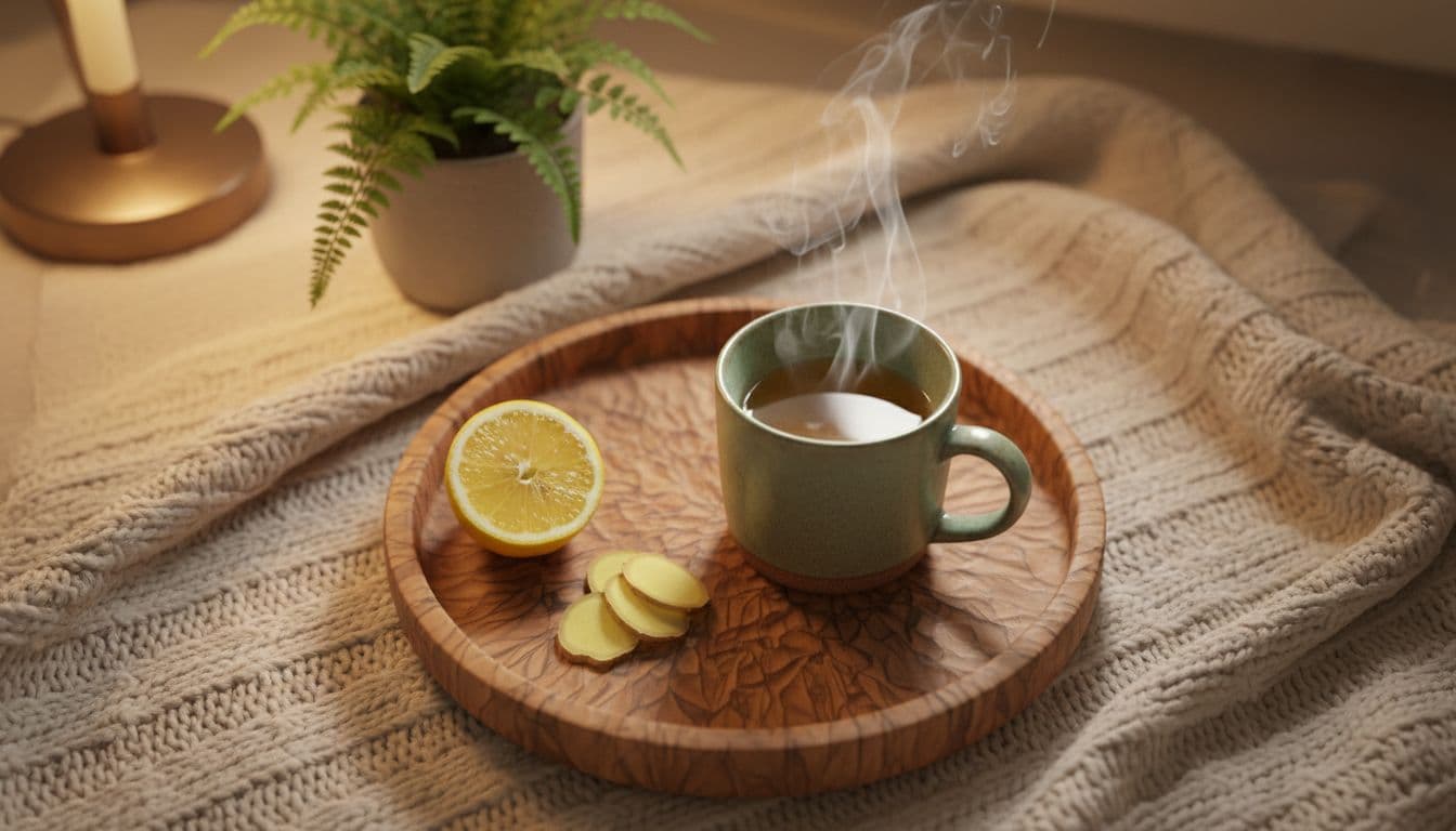 Wooden tray on blanket holds steaming herbal tea mug, ginger slices, and lemon half with blurred potted plant background under warm lamplight.