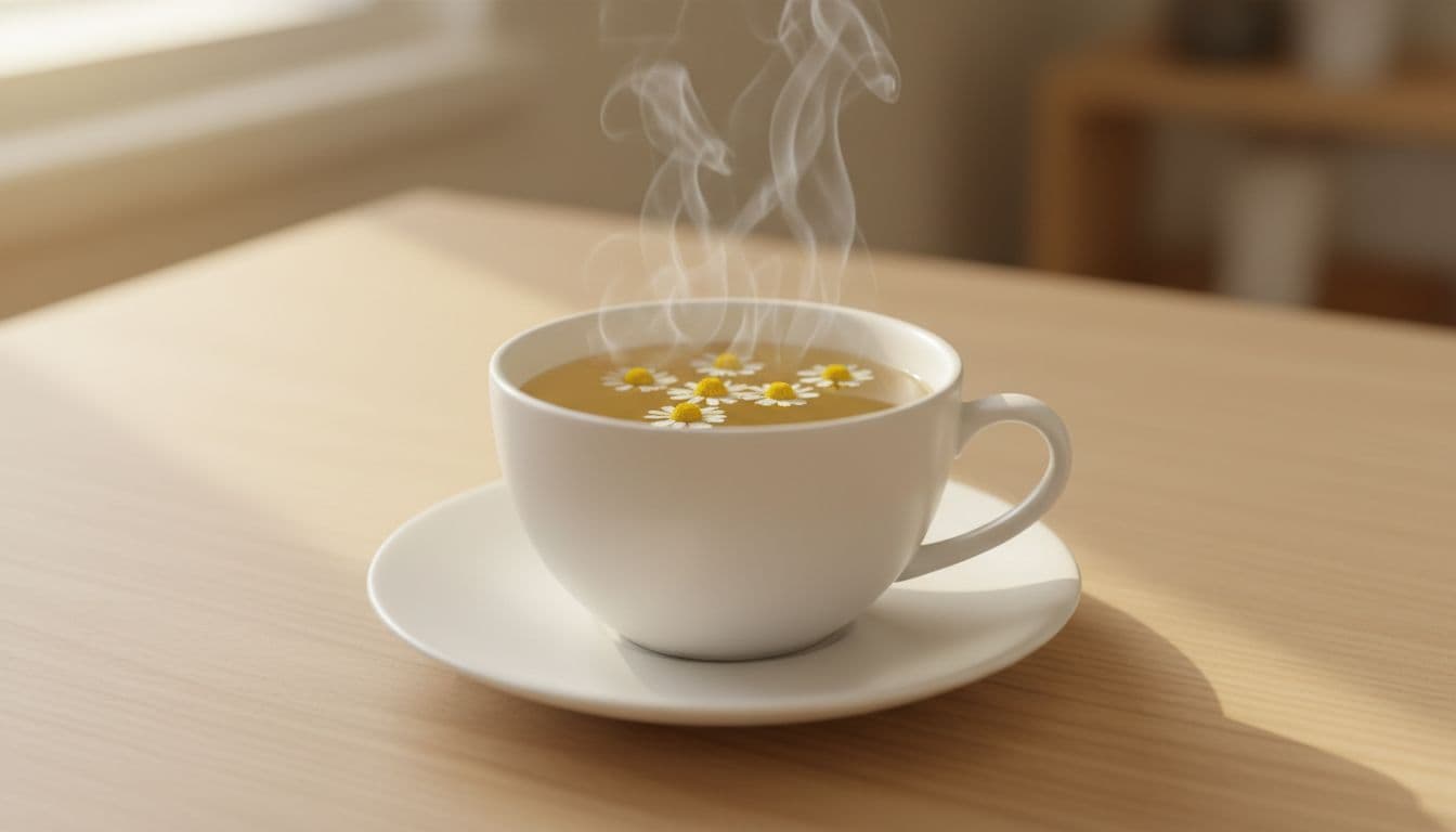 White porcelain cup on saucer filled with steaming pale yellow chamomile tea, dried flowers floating on surface, on light wooden table.
