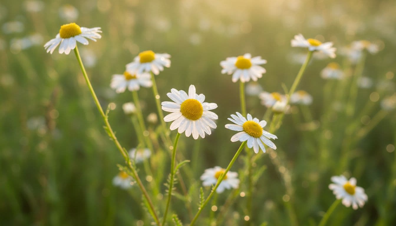 White chamomile flowers in full bloom on green stems against blurred green meadow, lit by morning sunlight.